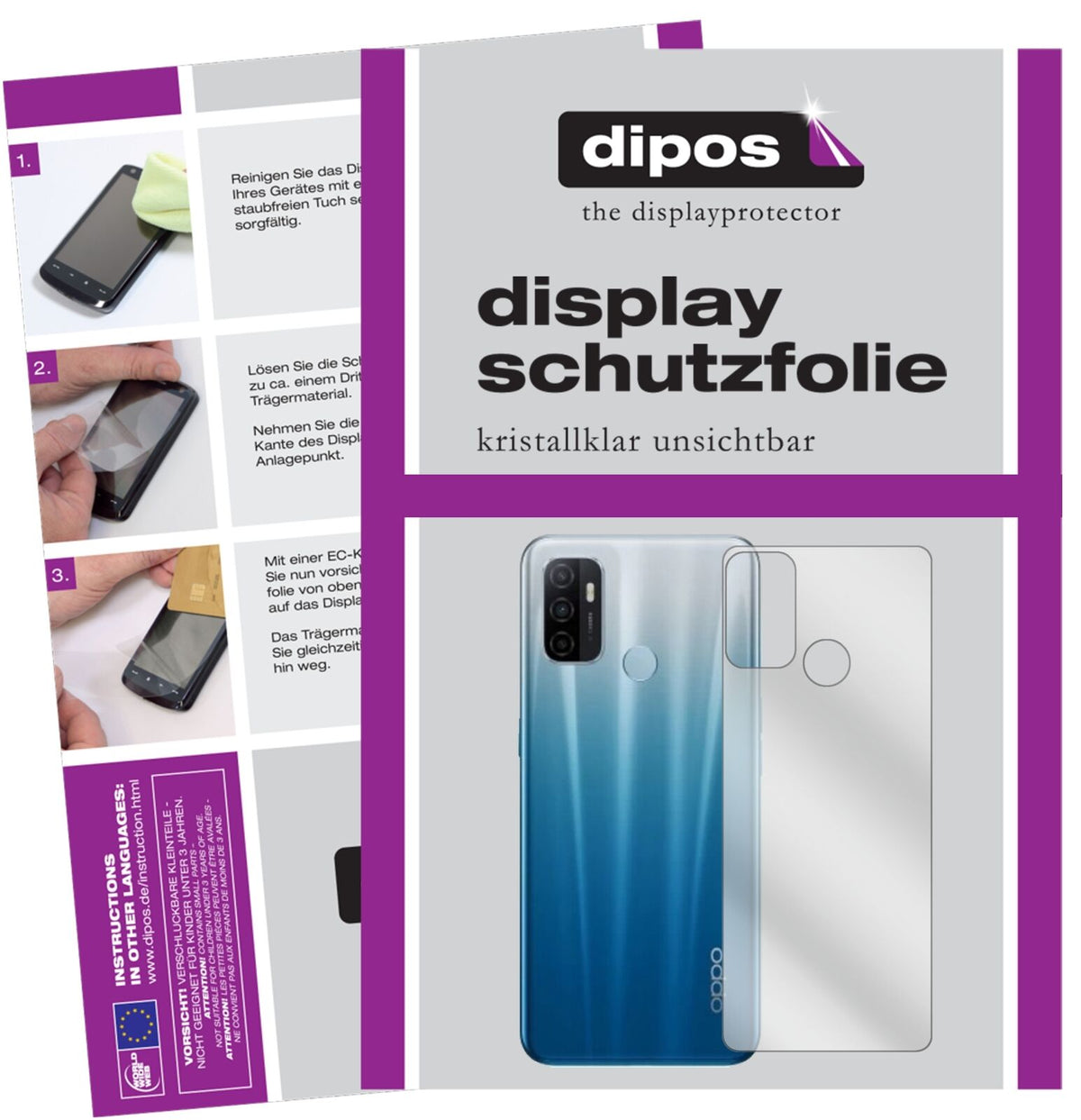 Klare Displayschutzfolie von dipos passend für Oppo A53 (2020) Rückseite, präziser Zuschnitt und blasenfrei montiert