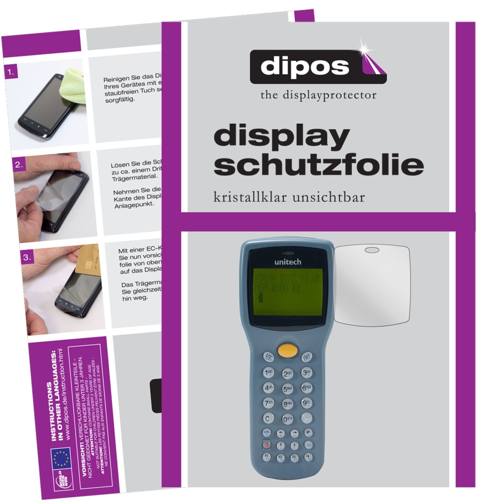 UnitechHT630 mit aufgebrachter dipos Displayschutzfolie, glasklare Darstellung ohne Einschränkungen
