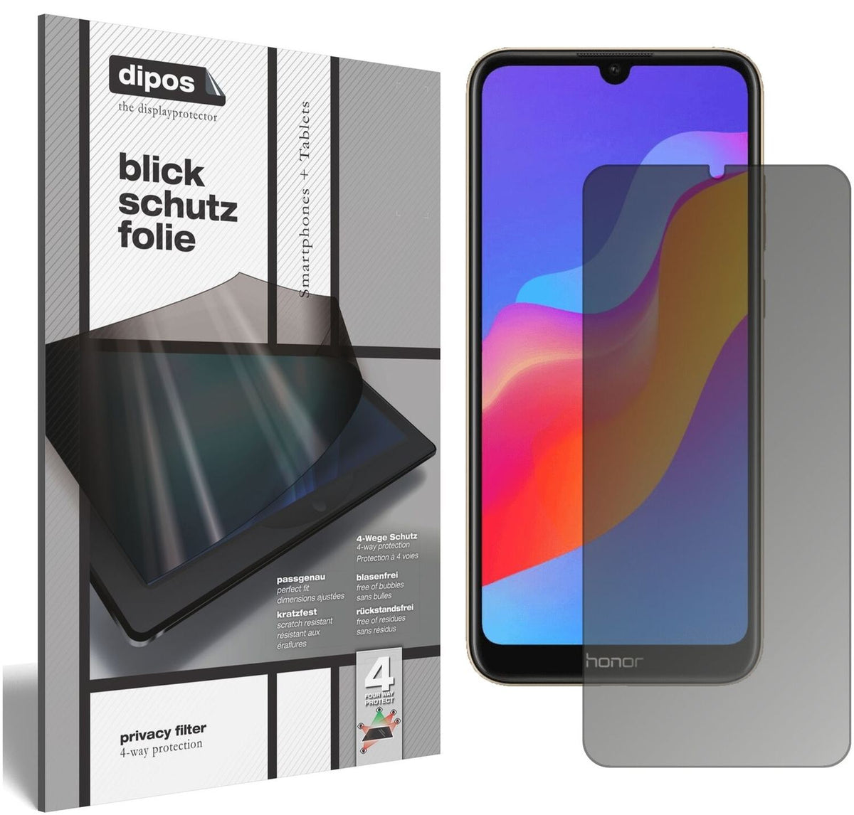 Blickschutzfolie von dipos passend für Honor 8A Pro, präziser Zuschnitt und blasenfrei montiert