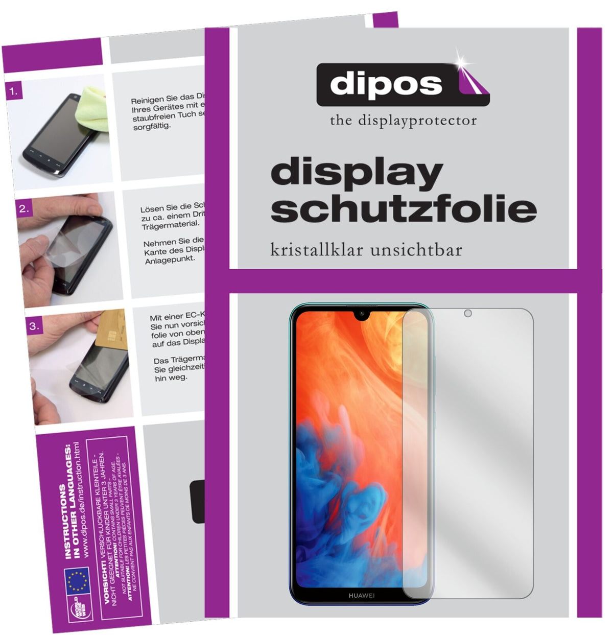 HuaweiY7 (2019) mit aufgebrachter dipos Displayschutzfolie, glasklare Darstellung ohne Einschränkungen