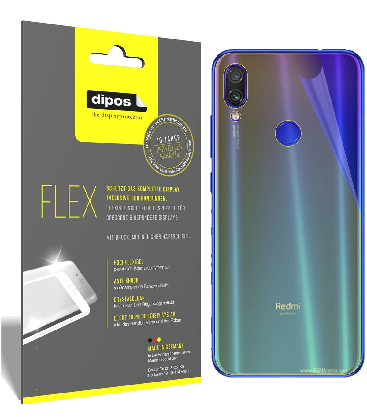 XiaomiRedmi Note 7 Pro Rückseite mit aufgebrachter dipos Displayschutzfolie, glasklare Darstellung ohne Einschränkungen
