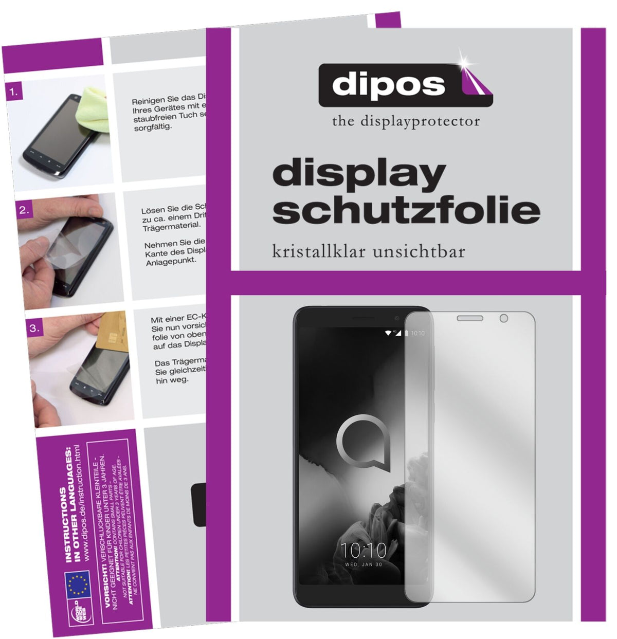 Alcatel1X (2019) mit aufgebrachter dipos Displayschutzfolie, glasklare Darstellung ohne Einschränkungen
