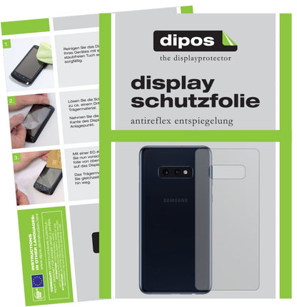 SamsungGalaxy S10e Rückseite mit aufgebrachter dipos Displayschutzfolie, die lästige Fingerabdrücke minimiert