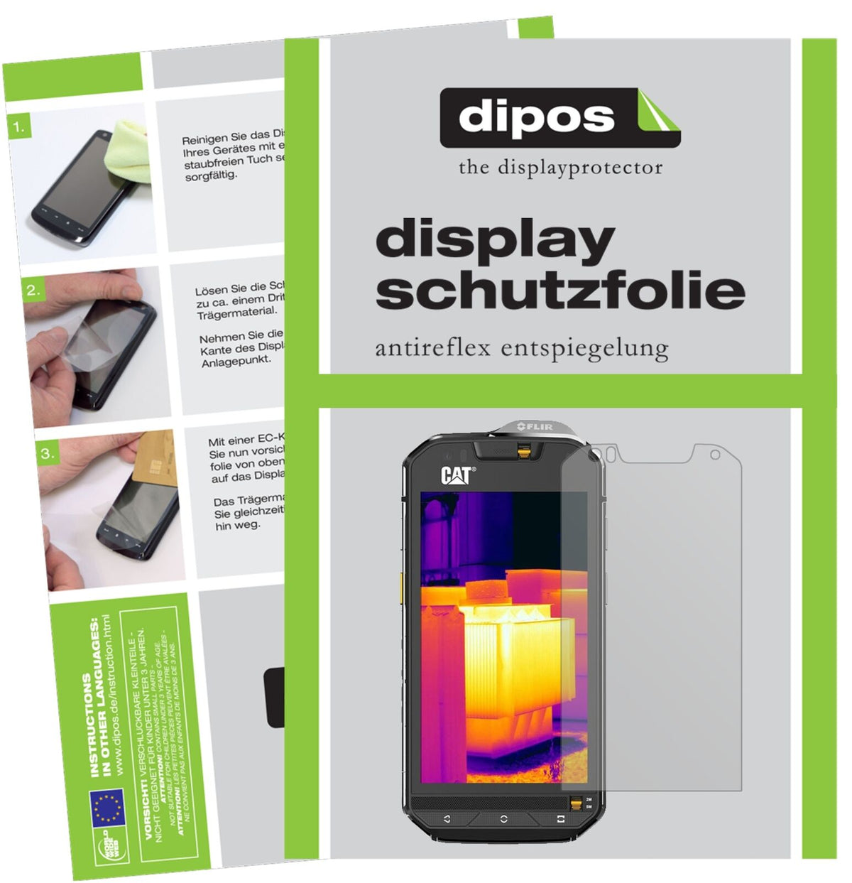 CaterpillarCAT S60 mit aufgebrachter dipos Displayschutzfolie, die lästige Fingerabdrücke minimiert