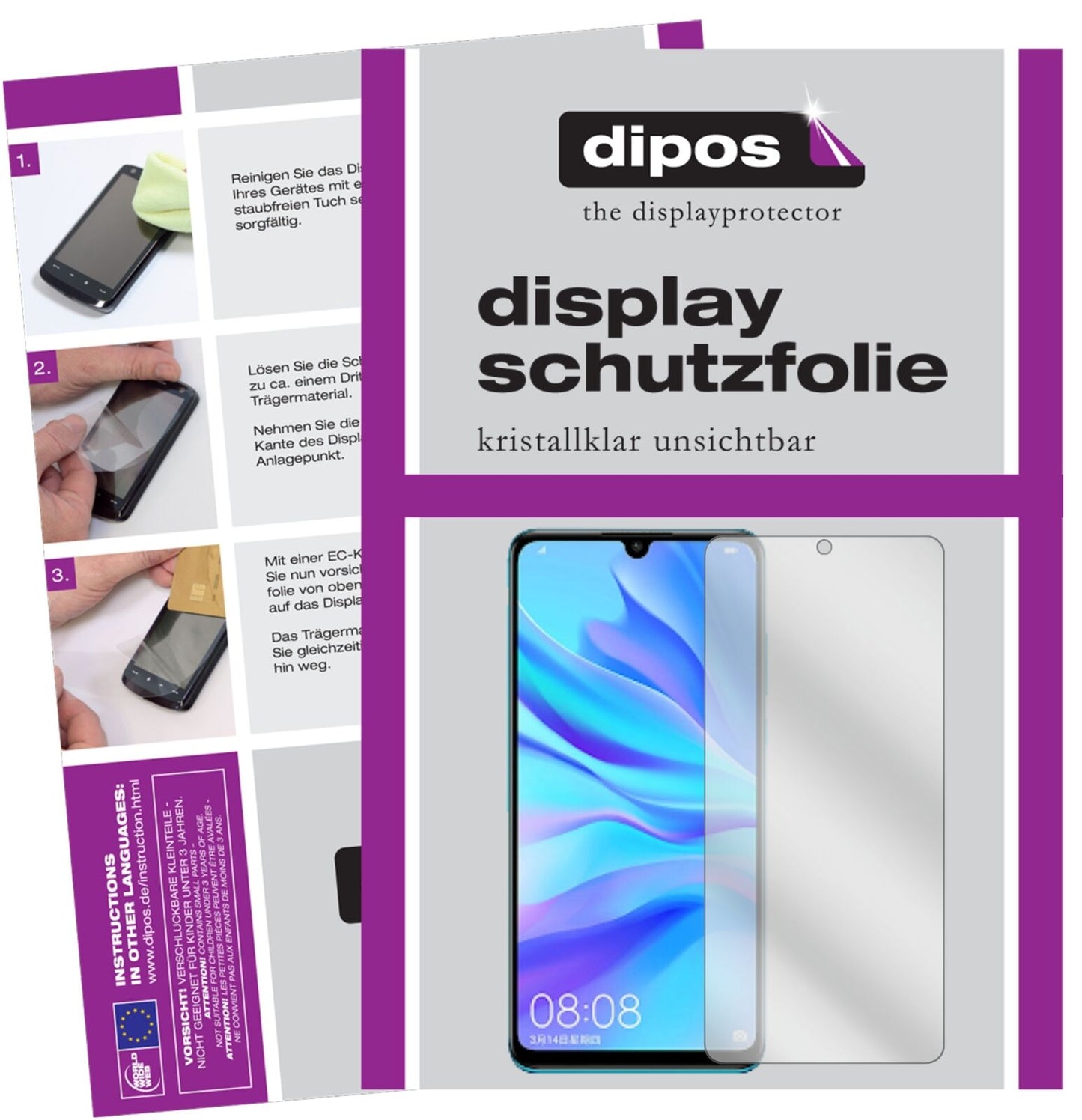 HuaweiP30 Lite mit aufgebrachter dipos Displayschutzfolie, glasklare Darstellung ohne Einschränkungen