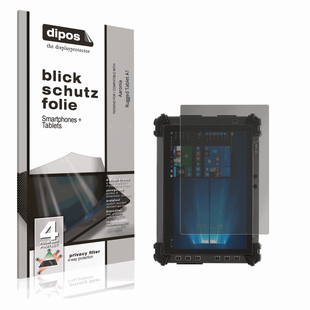 Blickschutzfolie von dipos passend für aaroniarugged tablet a1, präziser Zuschnitt und blasenfrei montiert
