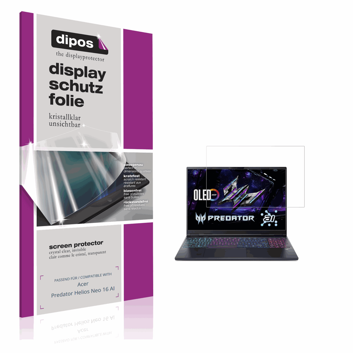 Klare Displayschutzfolie von dipos passend für acerpredator helios neo 16 ai, präziser Zuschnitt und blasenfrei montiert