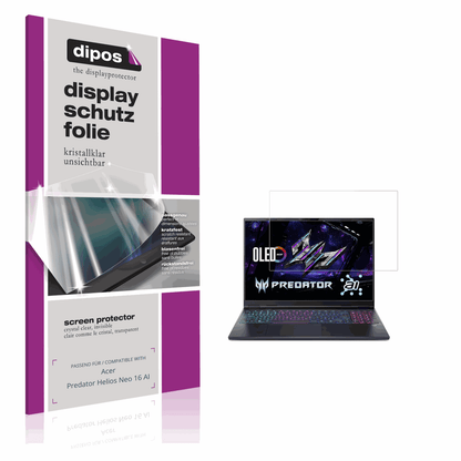 Klare Displayschutzfolie von dipos passend für acerpredator helios neo 16 ai, präziser Zuschnitt und blasenfrei montiert