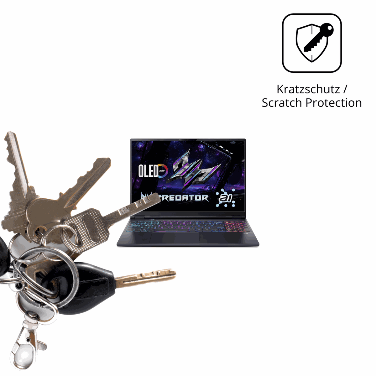Schutz gegen Kratzer auf dem acerpredator helios neo 16 ai Glas durch Schlüssel oder Ähnliches