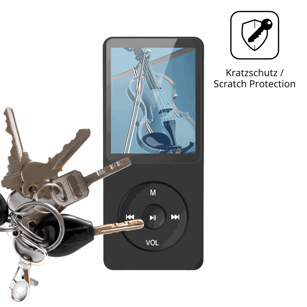 Schutz gegen Kratzer auf dem AGPTEK A02PLB MP3-Player Glas durch Schlüssel oder Ähnliches