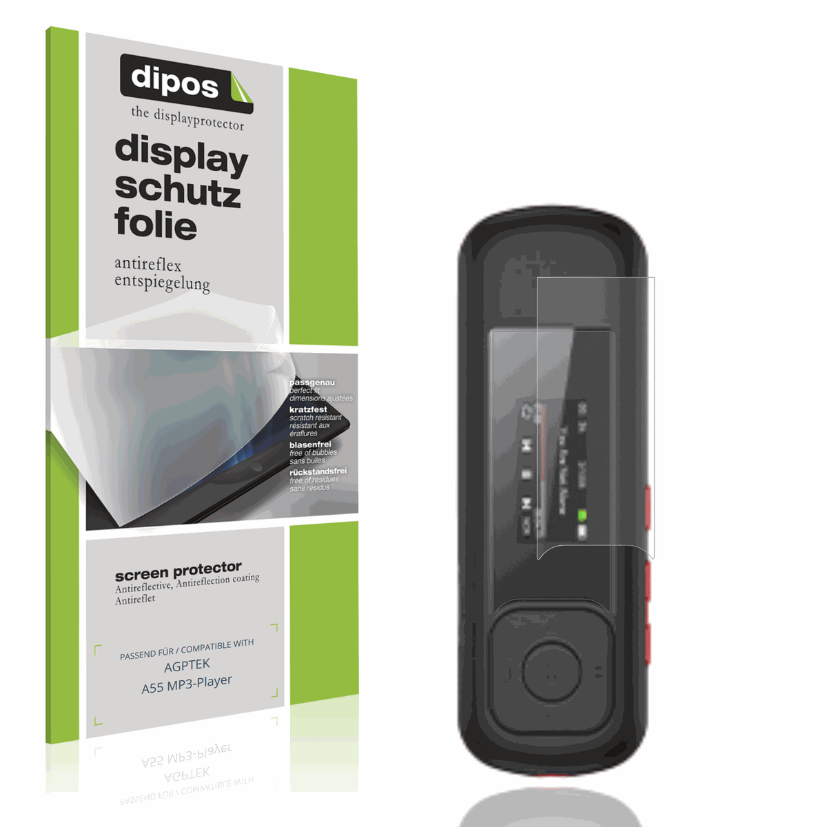 Matte Displayschutzfolie von dipos passend für AGPTEK A55 MP3-Player, präziser Zuschnitt und blasenfrei montiert