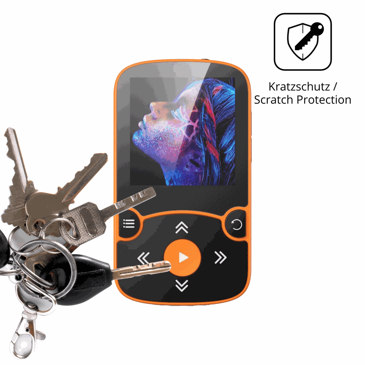 Schutz gegen Kratzer auf dem AGPTEK A65 MP3-Player Glas durch Schlüssel oder Ähnliches