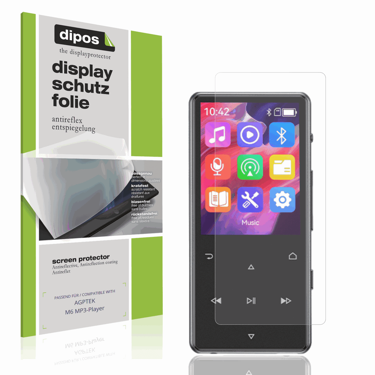 Matte Displayschutzfolie von dipos passend für AGPTEK M6 MP3-Player, präziser Zuschnitt und blasenfrei montiert
