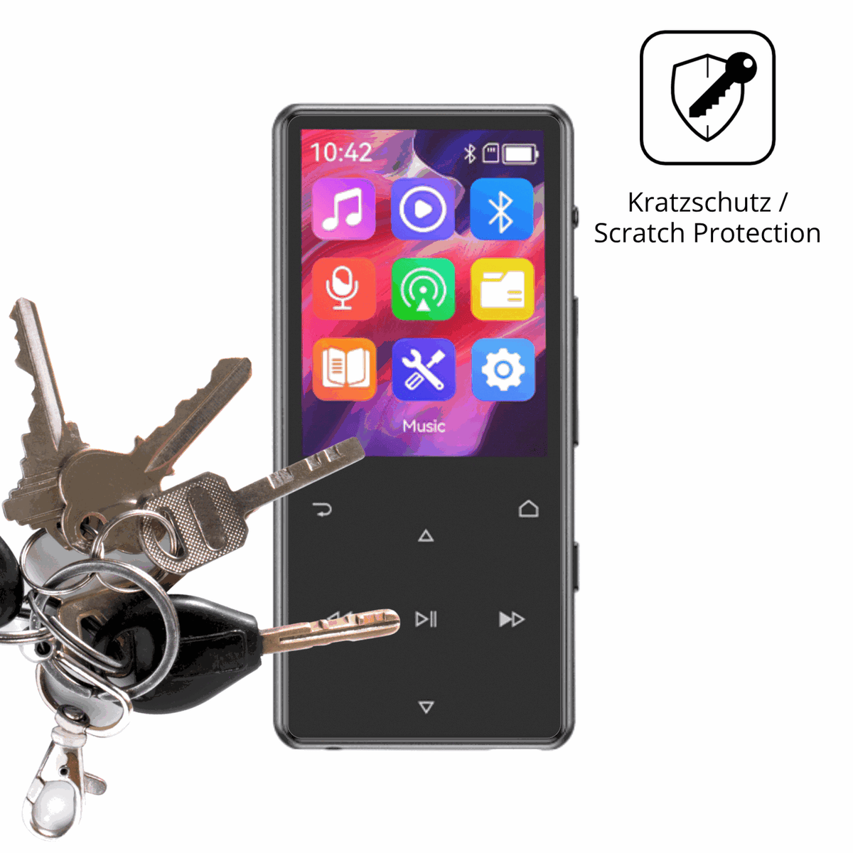 Schutz gegen Kratzer auf dem AGPTEK M6 MP3-Player Glas durch Schlüssel oder Ähnliches
