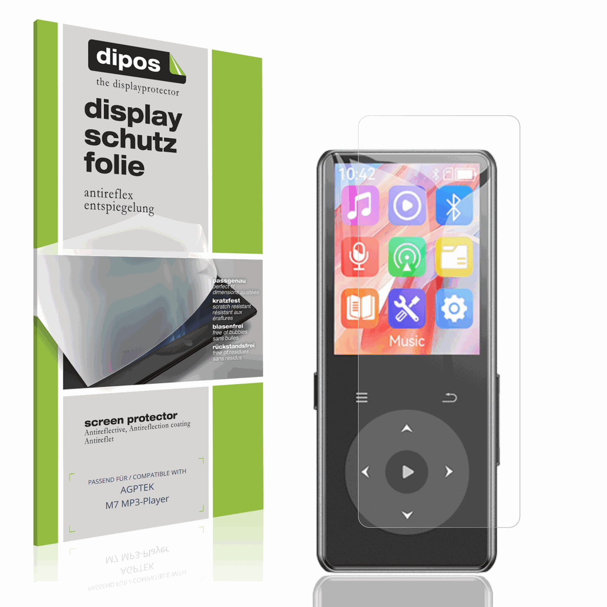 Matte Displayschutzfolie von dipos passend für AGPTEK M7 MP3-Player, präziser Zuschnitt und blasenfrei montiert