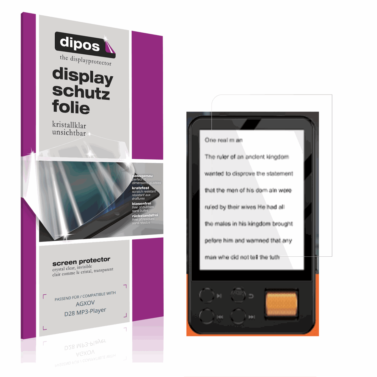 Klare Displayschutzfolie von dipos passend für AGXOV D28 MP3-Player, präziser Zuschnitt und blasenfrei montiert