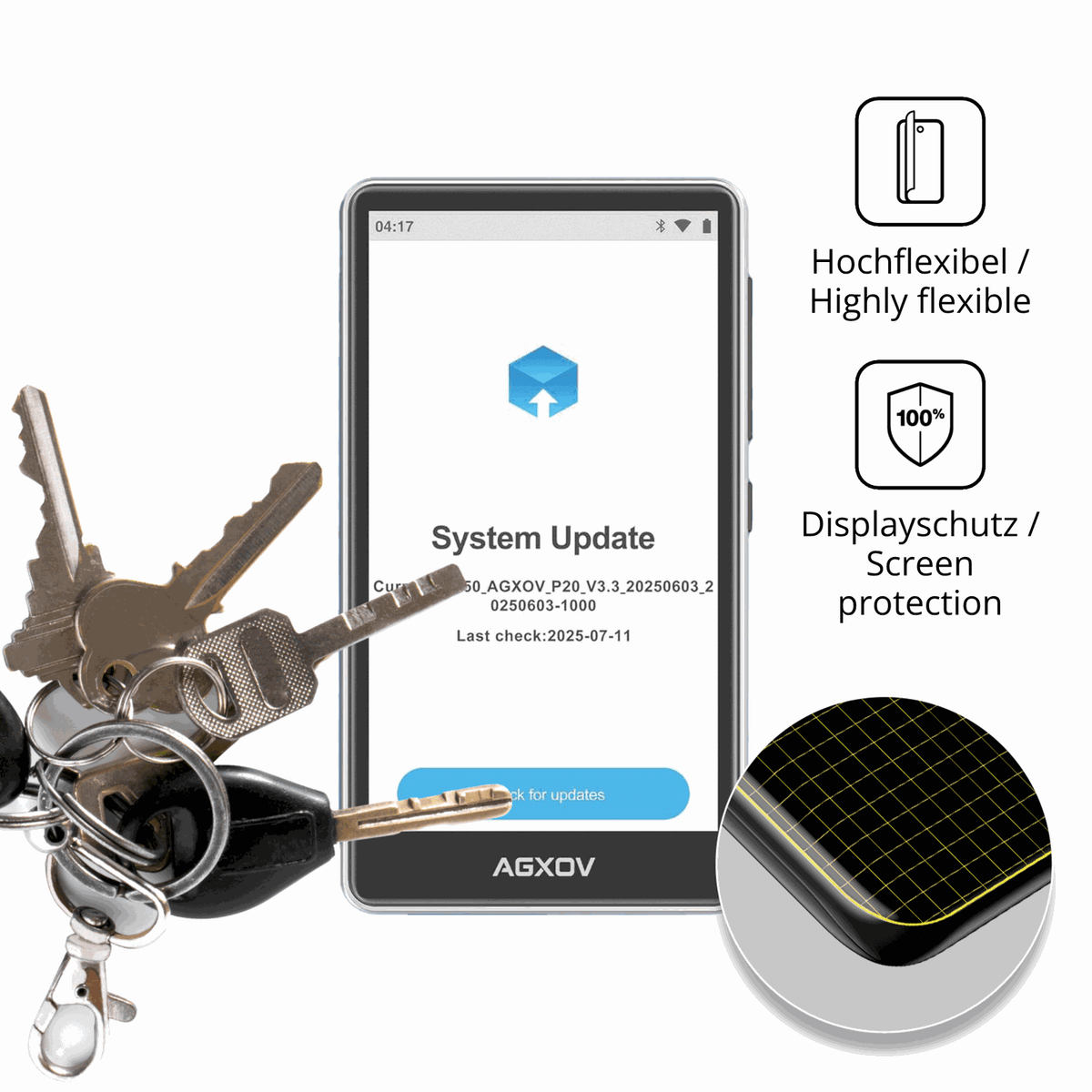 dipos Displayschutz für AGXOV P20 MP3-Player, transparente Oberfläche, perfekte Passform auch für die Rundungen