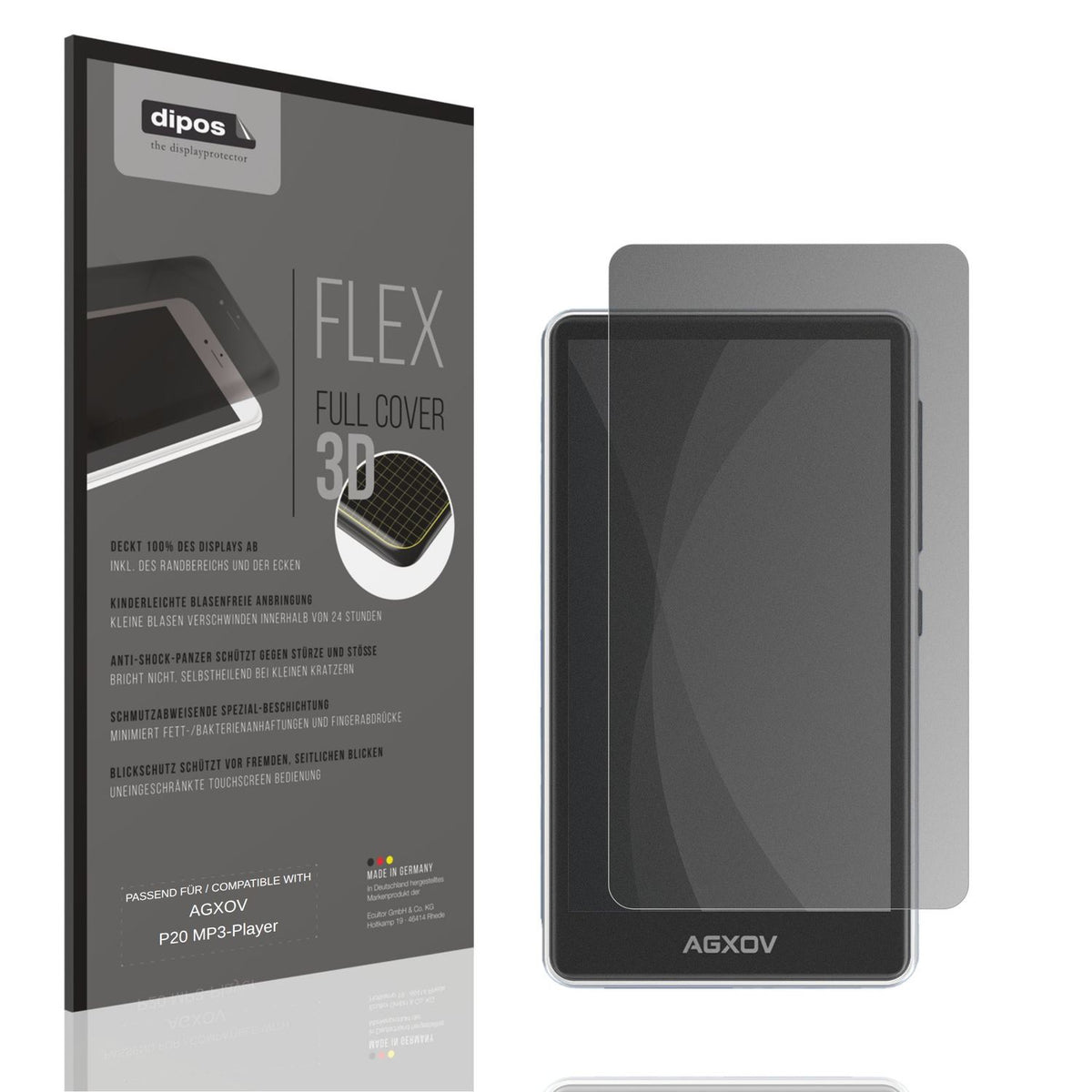 Blickschutzfolie von dipos passend für AGXOV P20 MP3-Player, 100% Displayabdeckung und blasenfreie Montage
