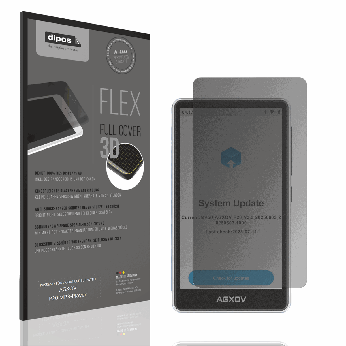 Blickschutzfolie von dipos passend für AGXOV P20 MP3-Player, 100% Displayabdeckung und blasenfreie Montage