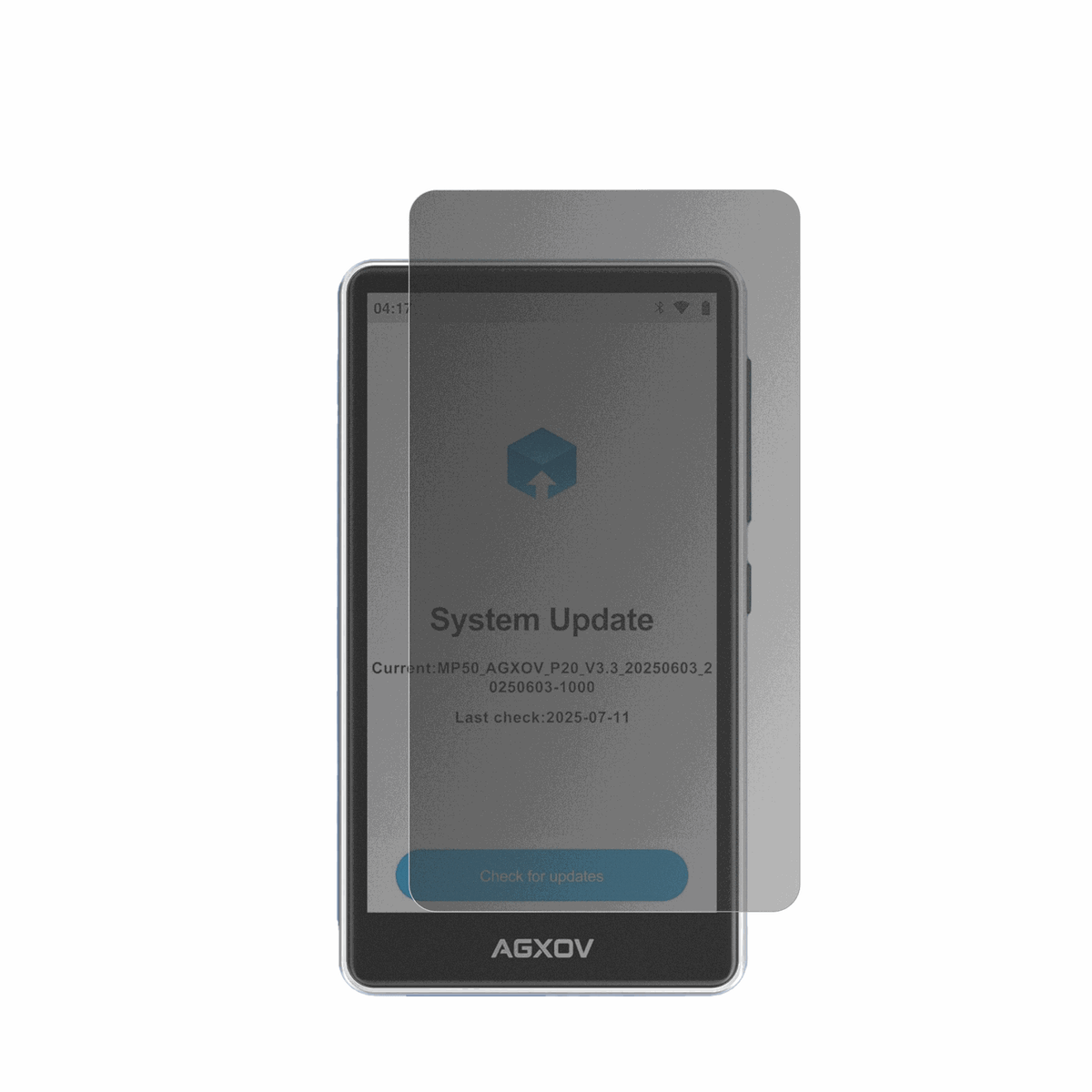 AGXOVP20 MP3-Player mit aufgebrachter dipos Flex Schutzfolie, die seitliche Einblicke blockiert