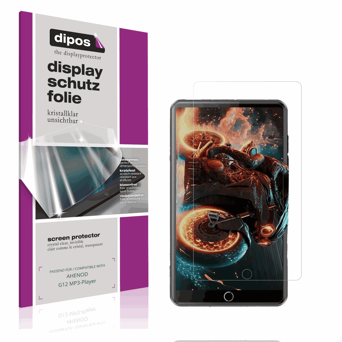 Klare Displayschutzfolie von dipos passend für AHENOD G12 MP3-Player, präziser Zuschnitt und blasenfrei montiert