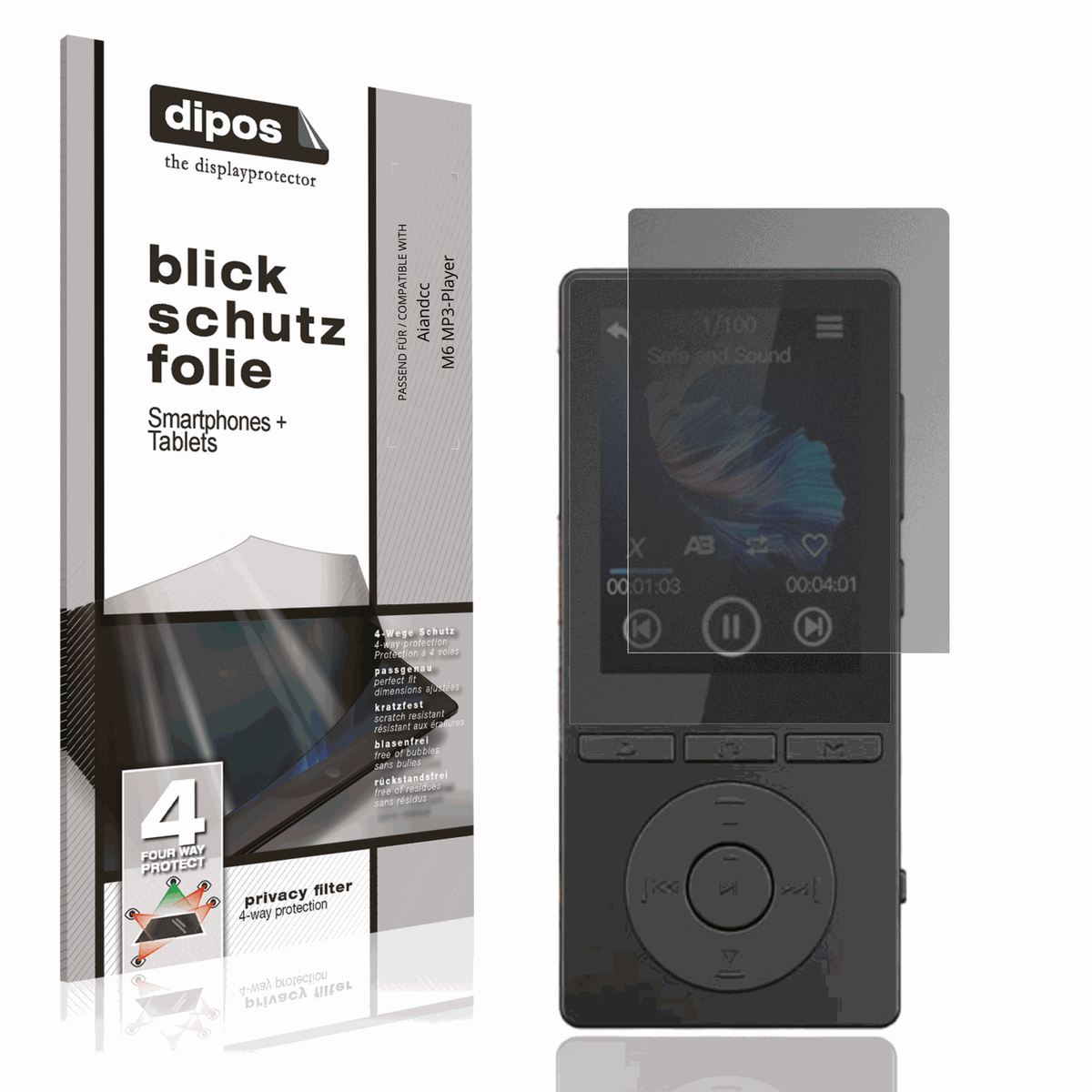 Blickschutzfolie von dipos passend für Aiandcc M6 MP3-Player, präziser Zuschnitt und blasenfrei montiert