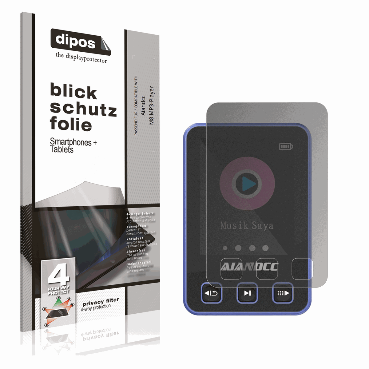 Blickschutzfolie von dipos passend für Aiandcc M8 MP3-Player, präziser Zuschnitt und blasenfrei montiert