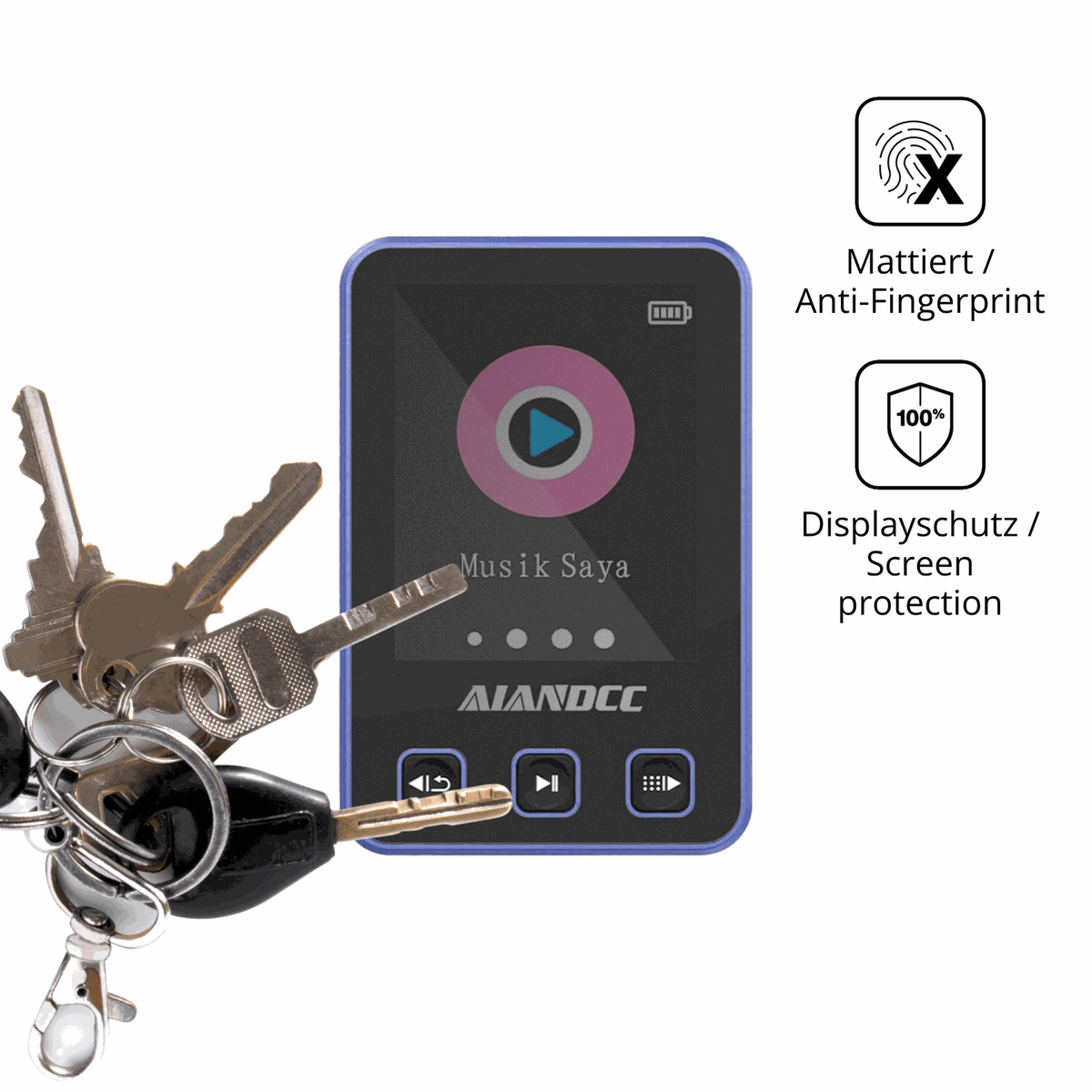 dipos Displayschutz für Aiandcc M8 MP3-Player, mattierte Oberfläche, Blickschutzfilter und perfekter Passform