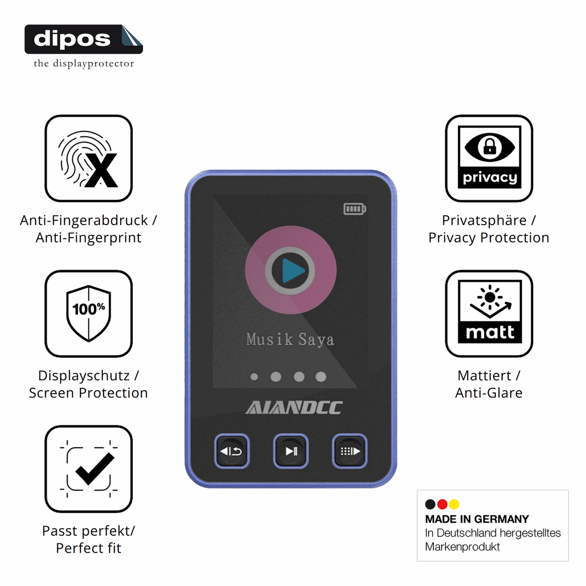 Privatsphäre-Schutz durch Sichtschutz-Folie passend zugeschnitten für Aiandcc M8 MP3-Player