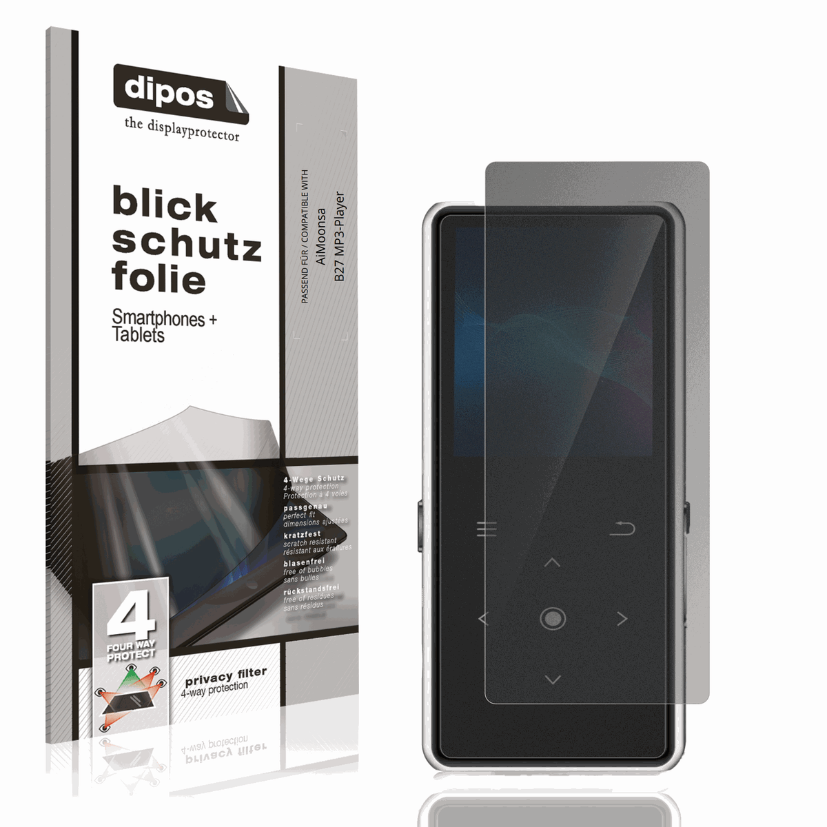 Blickschutzfolie von dipos passend für AiMoonsa B27 MP3-Player, präziser Zuschnitt und blasenfrei montiert