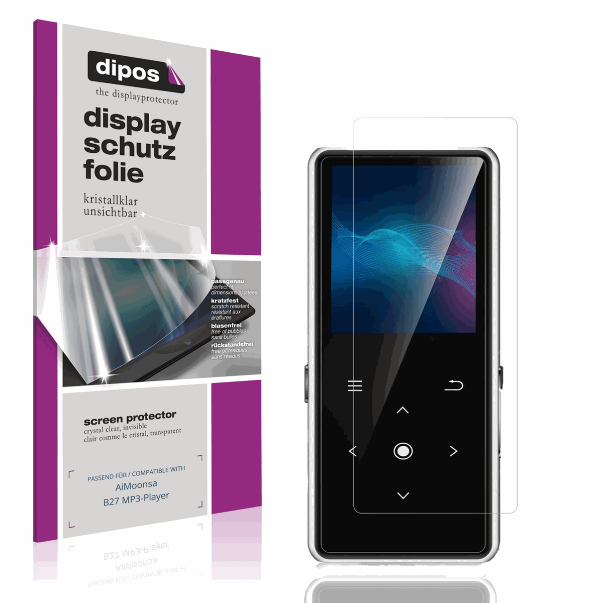 Klare Displayschutzfolie von dipos passend für AiMoonsa B27 MP3-Player, präziser Zuschnitt und blasenfrei montiert
