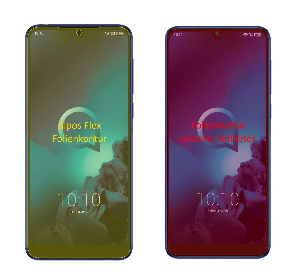 Alcatel3L mit aufgebrachter dipos Displayschutzfolie, glasklare Darstellung ohne Einschränkungen