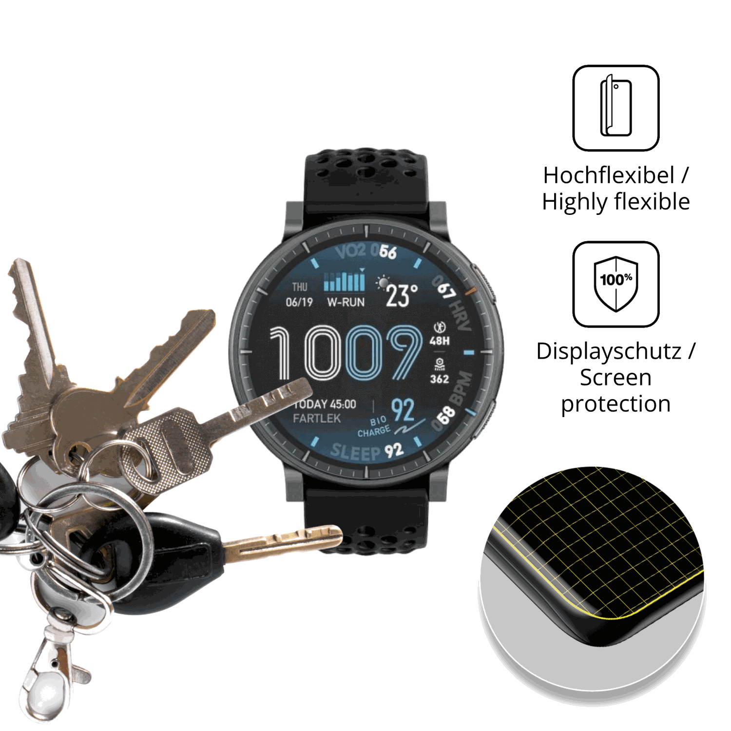 dipos Displayschutz für Amazfit Active Max, transparente Oberfläche, perfekte Passform auch für die Rundungen