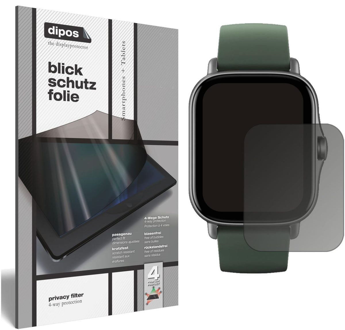Blickschutzfolie von dipos passend für Amazfit GTS 2e, präziser Zuschnitt und blasenfrei montiert