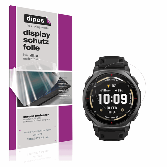 Klare Displayschutzfolie von dipos passend für Amazfit T-Rex 3 Pro 44mm, präziser Zuschnitt und blasenfrei montiert