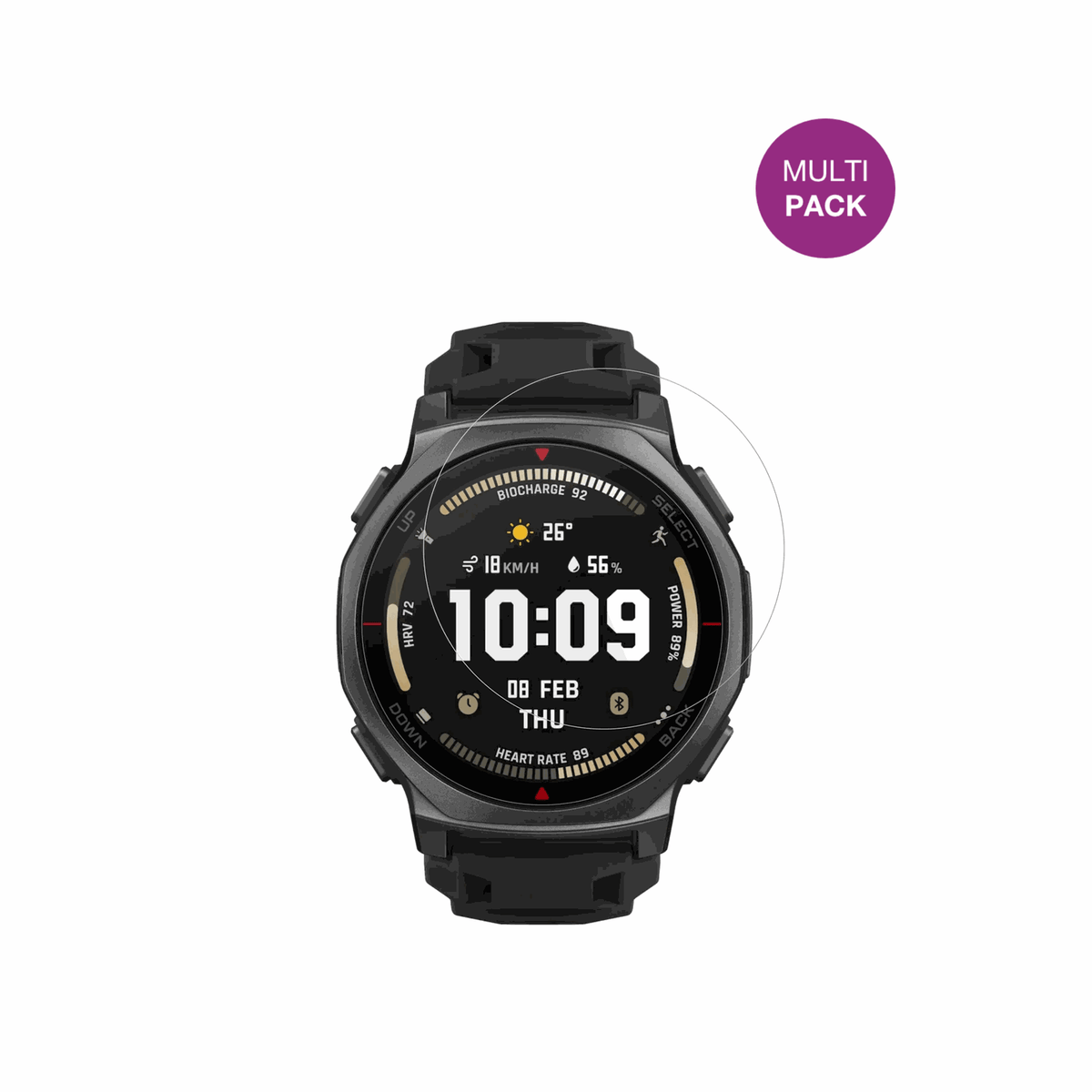 AmazfitT-Rex 3 Pro 44mm mit aufgebrachter dipos Displayschutzfolie, glasklare Darstellung ohne Einschränkungen