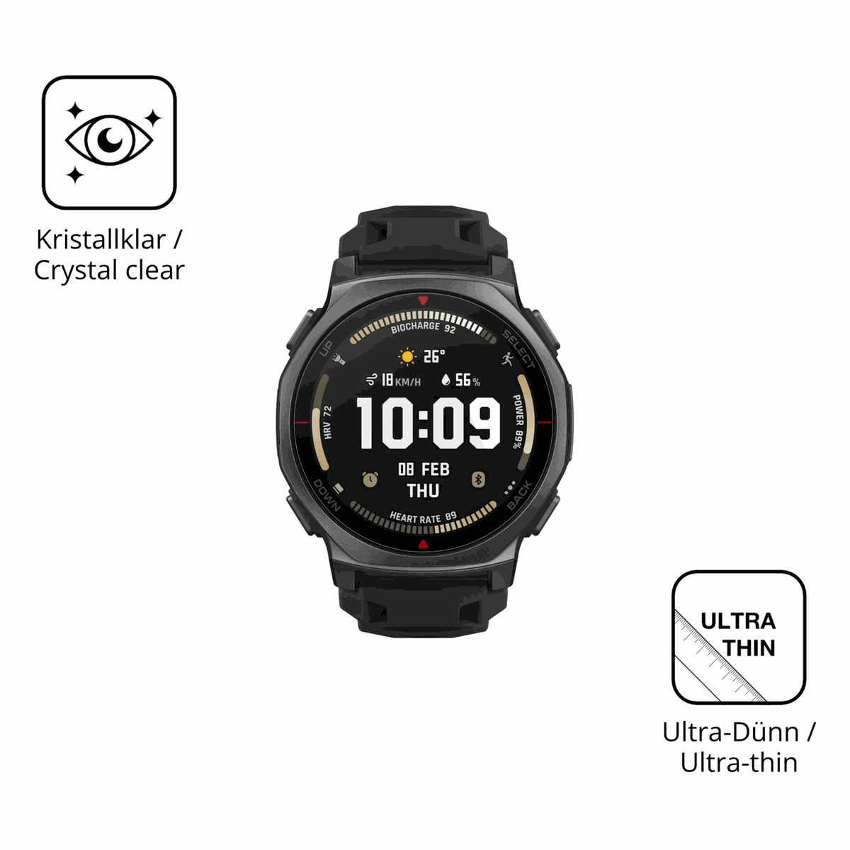 Dünne und klare Folie passend zugeschnitten für Amazfit T-Rex 3 Pro 44mm