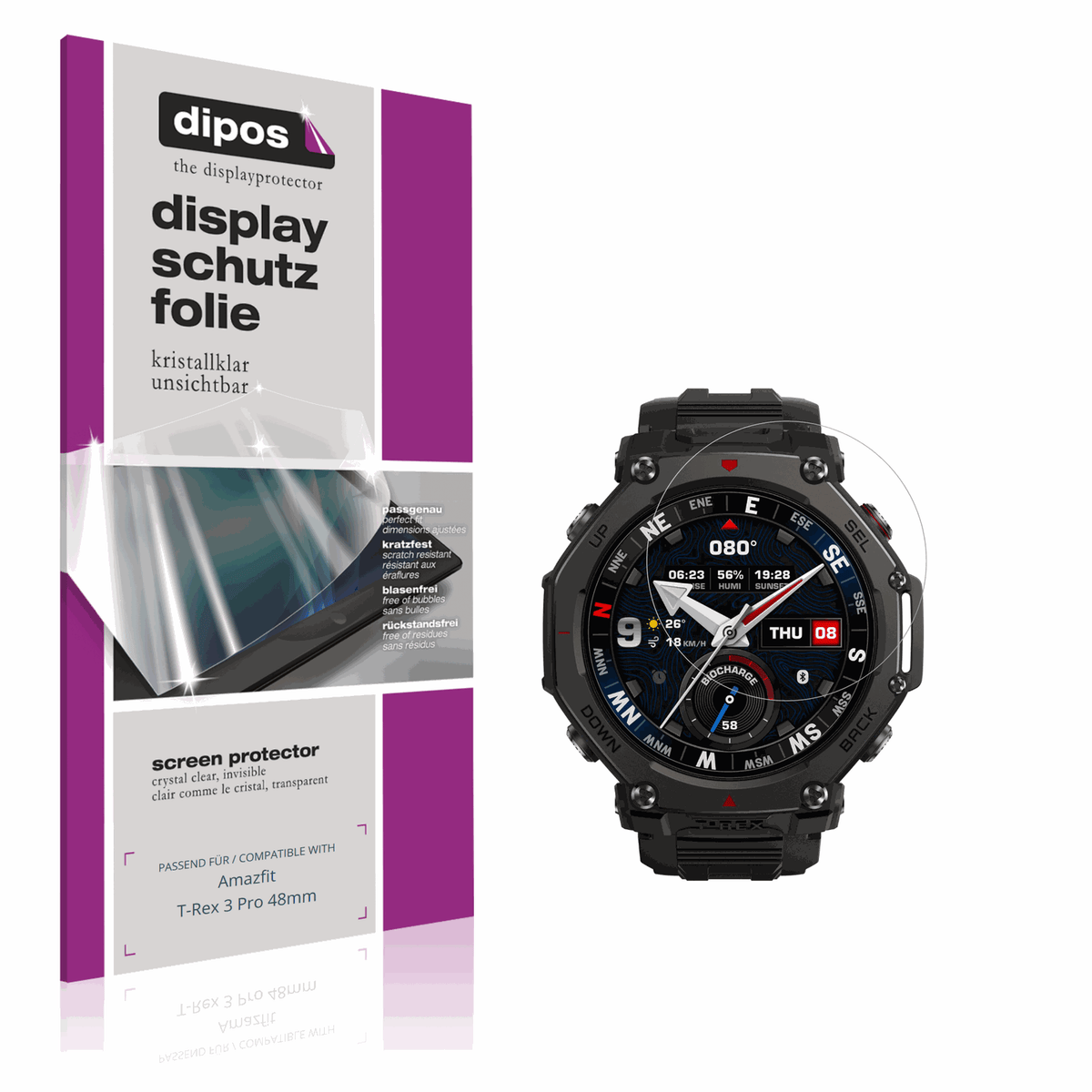 Klare Displayschutzfolie von dipos passend für Amazfit T-Rex 3 Pro 48mm, präziser Zuschnitt und blasenfrei montiert