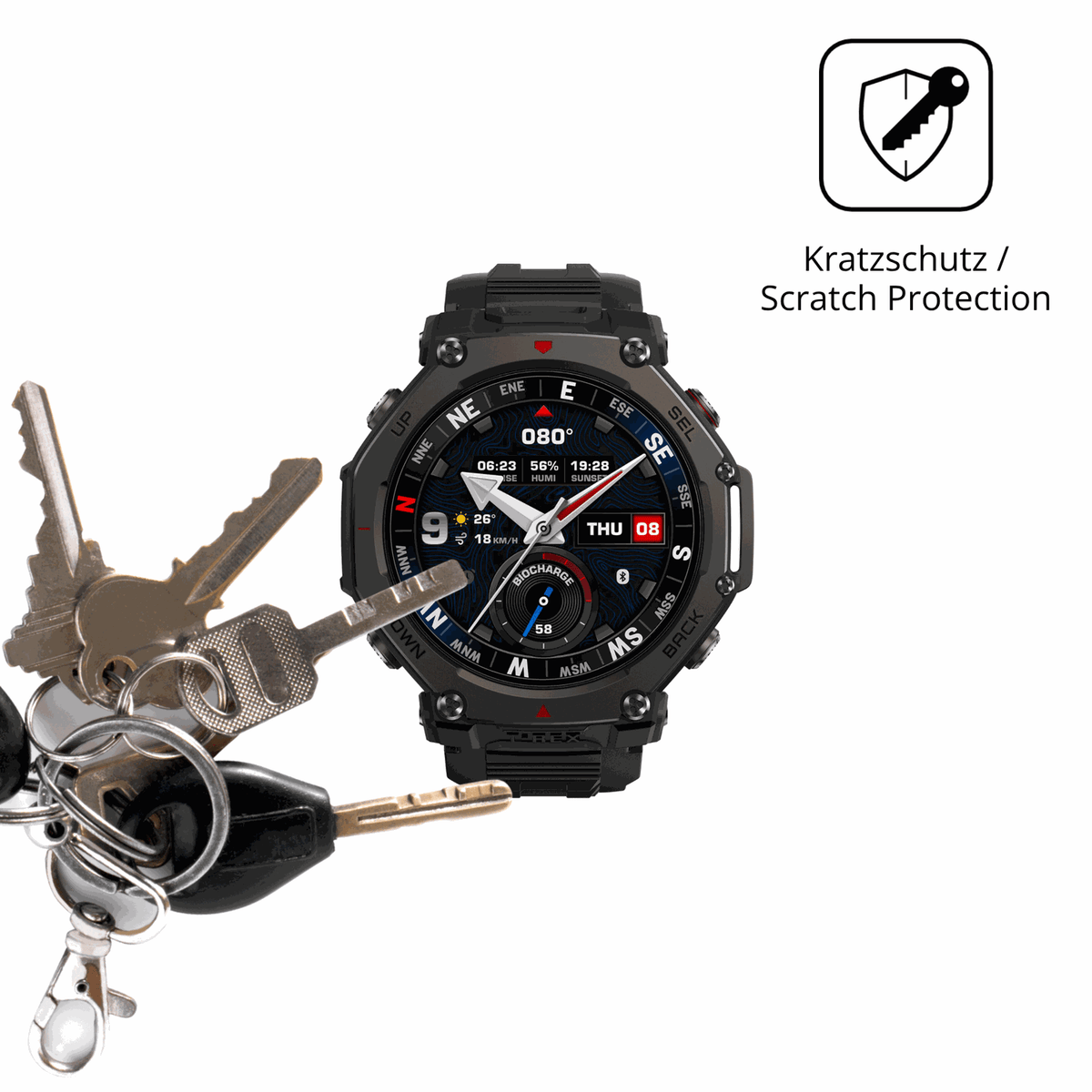 Schutz gegen Kratzer auf dem Amazfit T-Rex 3 Pro 48mm Glas durch Schlüssel oder Ähnliches