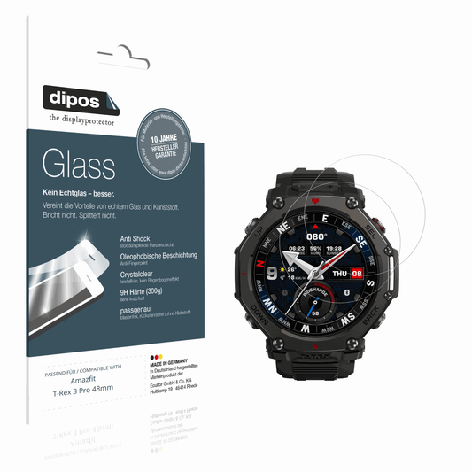 Klare Displayschutzfolie von dipos passend für Amazfit T-Rex 3 Pro 48mm, 9H kratzfest und blasenfrei montiert