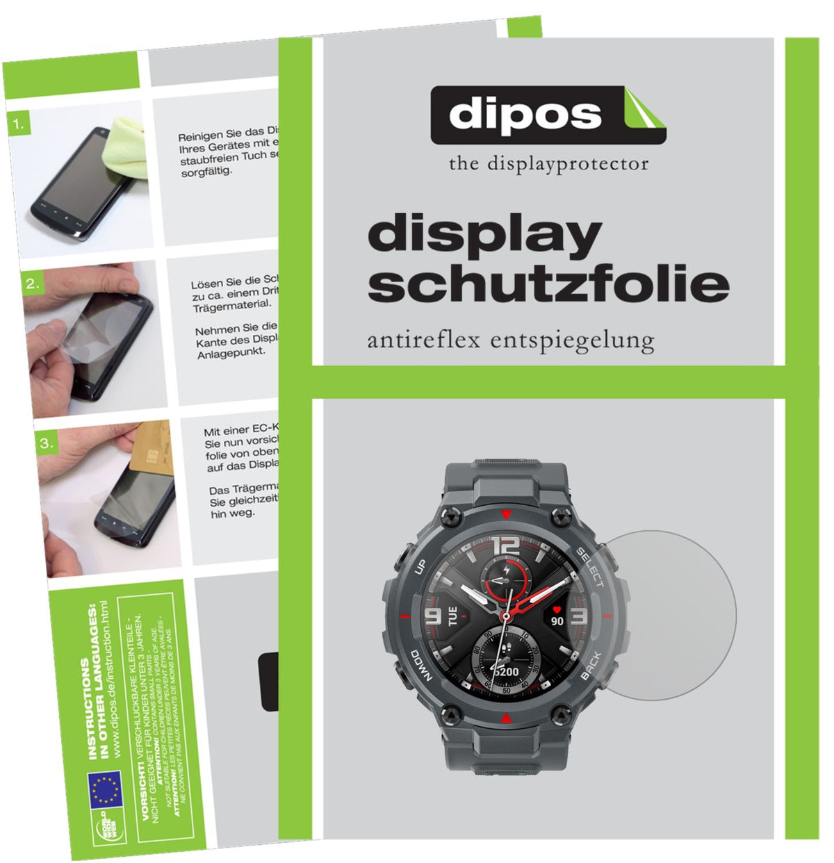 Matte Displayschutzfolie von dipos passend für Amazfit T-Rex Smartwatch, präziser Zuschnitt und blasenfrei montiert