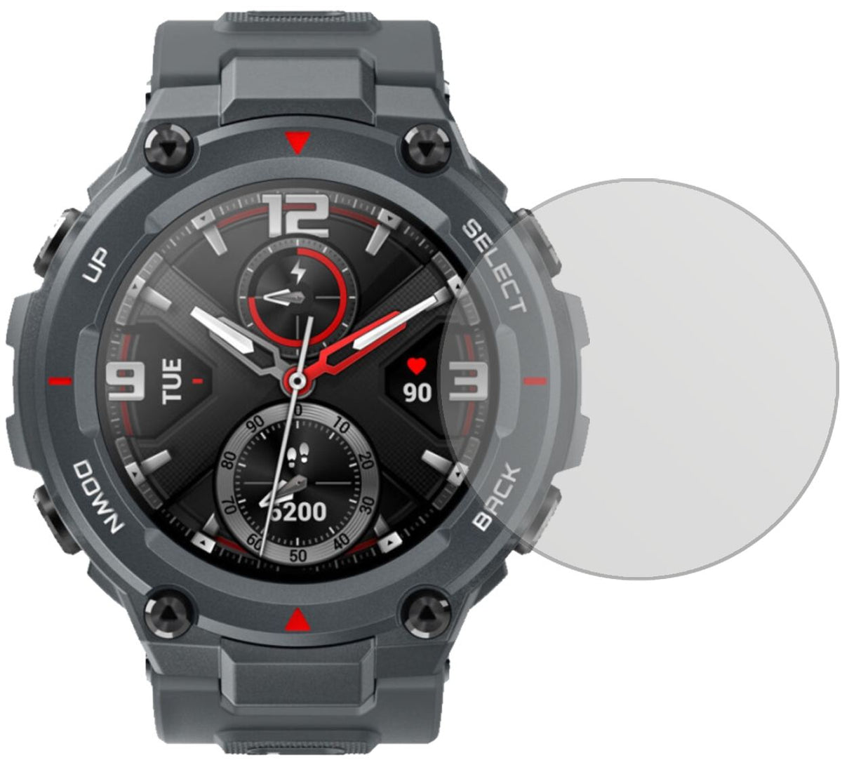 AmazfitT-Rex Smartwatch mit aufgebrachter dipos Displayschutzfolie, die lästige Fingerabdrücke minimiert
