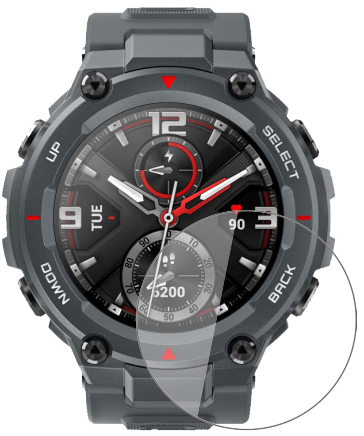 AmazfitT-Rex Smartwatch mit aufgebrachter dipos Flex Schutzfolie, glasklare Darstellung ohne Einschränkungen