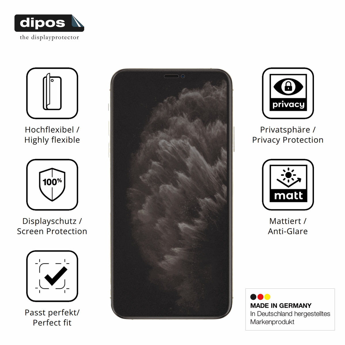 Flexible TPU-Folie passend zugeschnitten für Apple iPhone 11 Pro Max, mit Privatsphäre-Schutz durch Sichtschutz-Folie