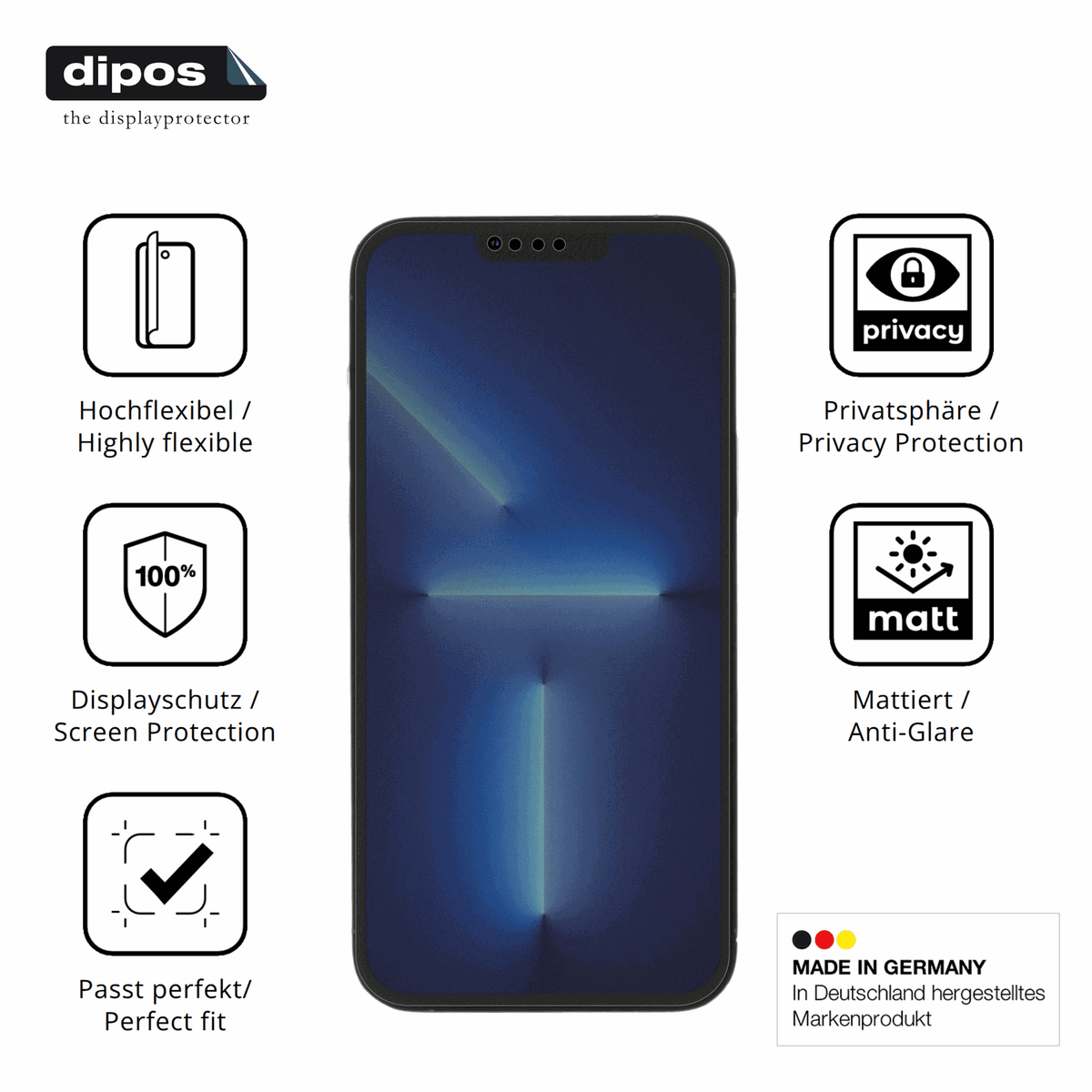 Flexible TPU-Folie passend zugeschnitten für Apple iPhone 13 Pro, mit Privatsphäre-Schutz durch Sichtschutz-Folie