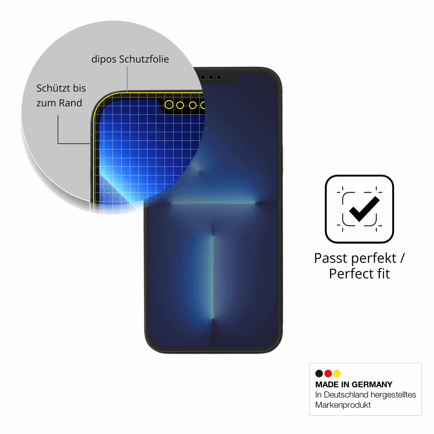 Schutz gegen Kratzer auf dem Apple iPhone 14 Glas durch Schlüssel, Stöße gegen die Tischkante oder Stürze