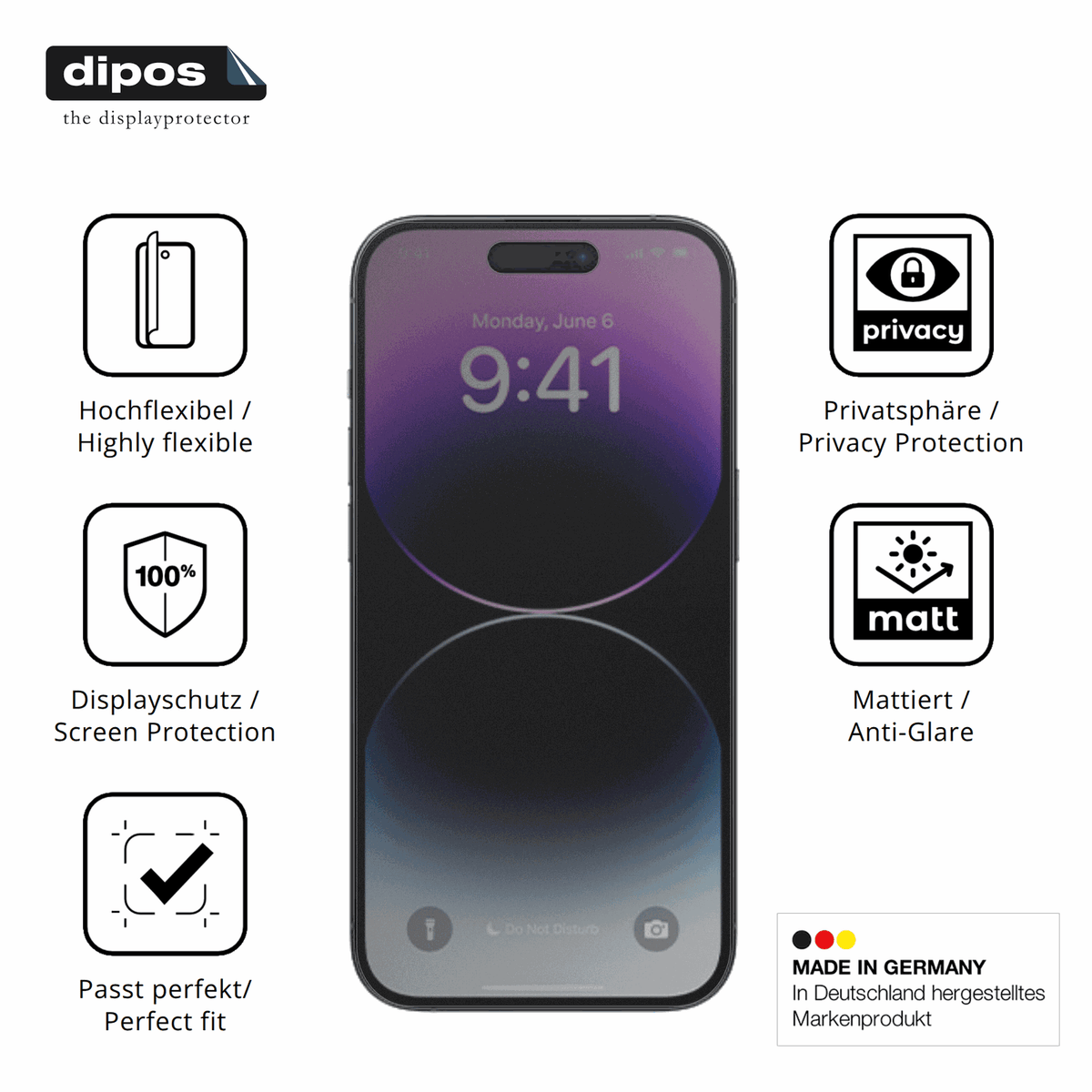 Flexible TPU-Folie passend zugeschnitten für Apple iPhone 14 Pro Max, mit Privatsphäre-Schutz durch Sichtschutz-Folie