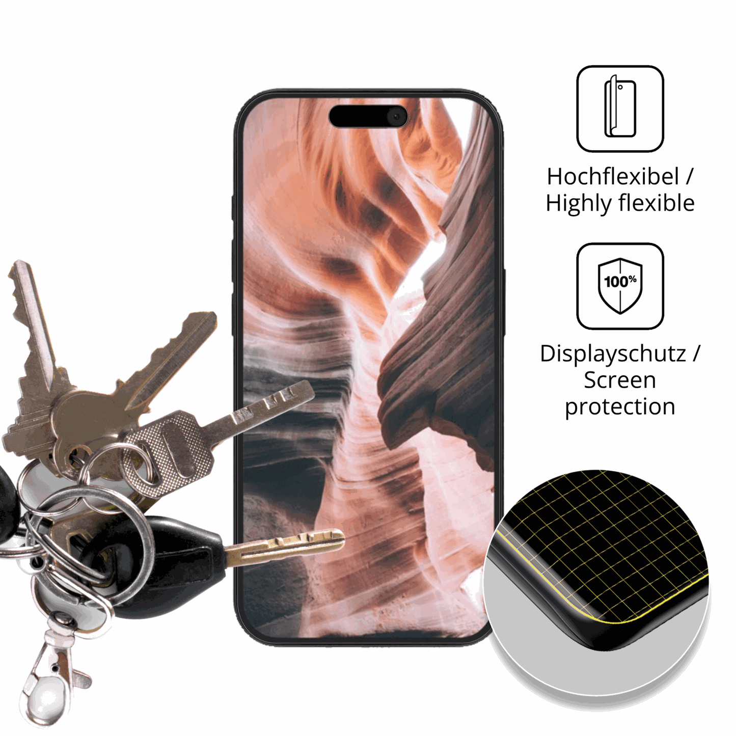 dipos Displayschutz für Apple iPhone 15 Pro, transparente Oberfläche, perfekte Passform auch für die Rundungen