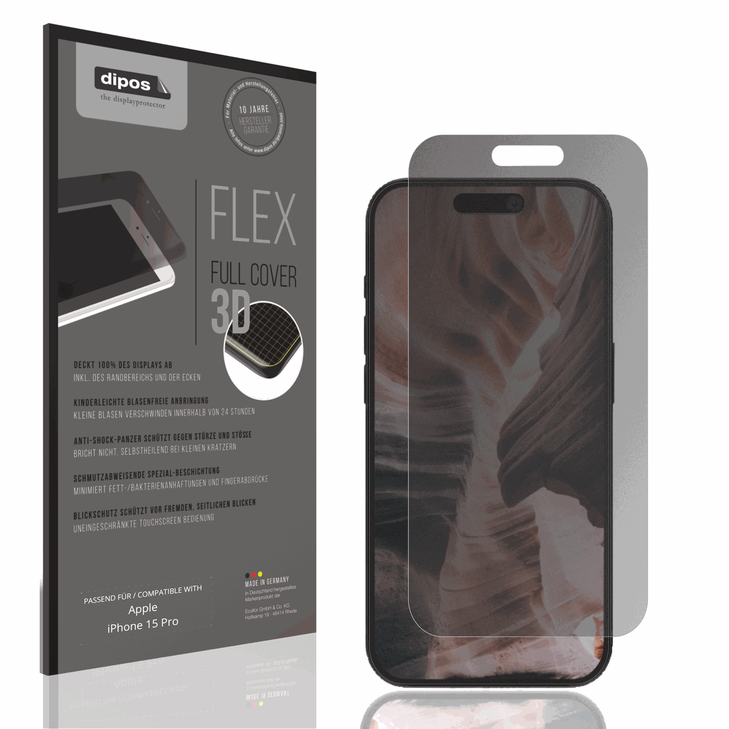 Blickschutzfolie von dipos passend für Apple iPhone 15 Pro, 100% Displayabdeckung und blasenfreie Montage