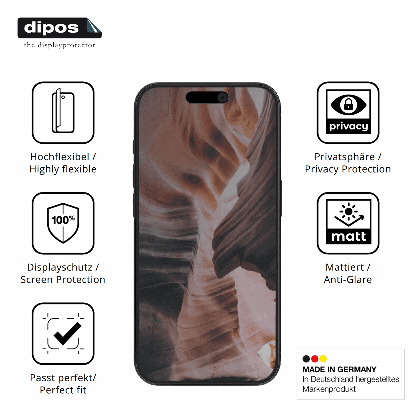 Flexible TPU-Folie passend zugeschnitten für Apple iPhone 15 Pro, mit Privatsphäre-Schutz durch Sichtschutz-Folie